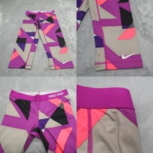 Nike Pro Leggings Women Pink Small Fitted Dri-FIT Capri Geometric Retro Run Hike